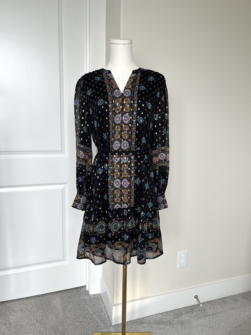 LOFT Black Paisley Boho Whimsigoth Metallic Tiered Mini Dress - XS